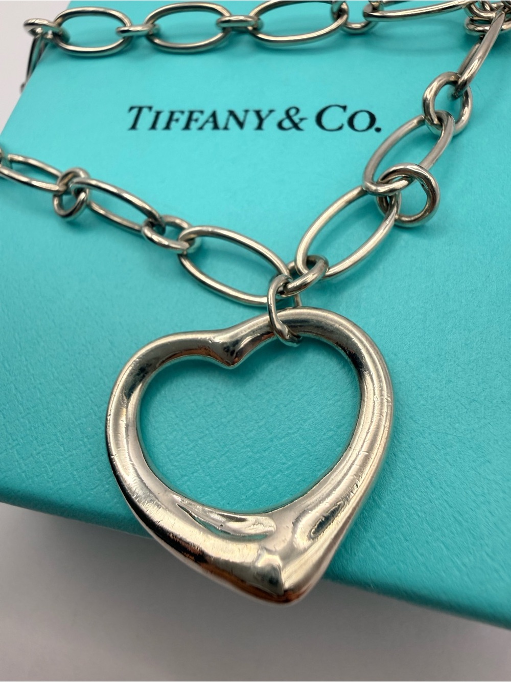 Tiffany & Co Elsa Peretti Open Heart Necklace 16 1/2” Oval Link Chain 23.6g 925